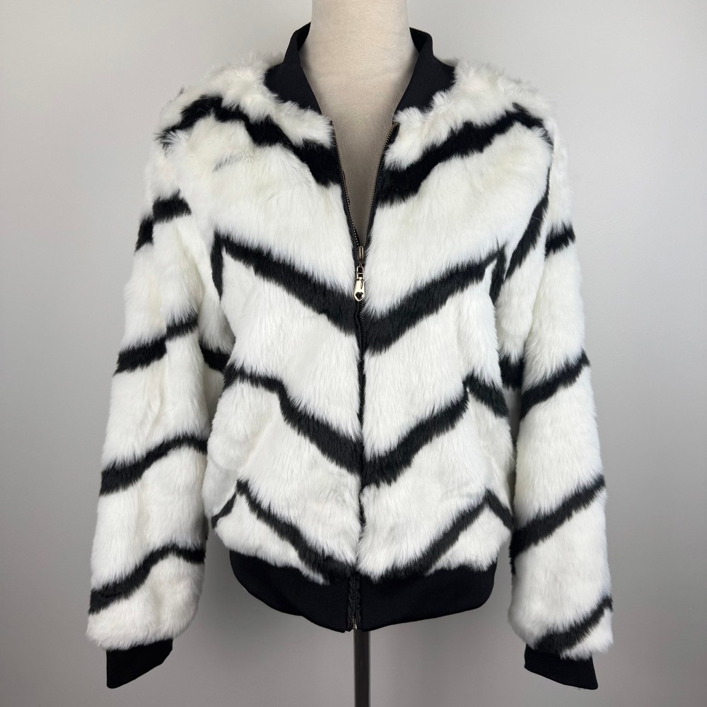 Say What? Faux Fur Bomber Jacket Black White Chevron Zig Zag Zip Up Fits XS-M